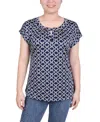 Ny Collection Petite Grommet Neck Knit Short Extended Sleeve Top In Navy Taupe Link
