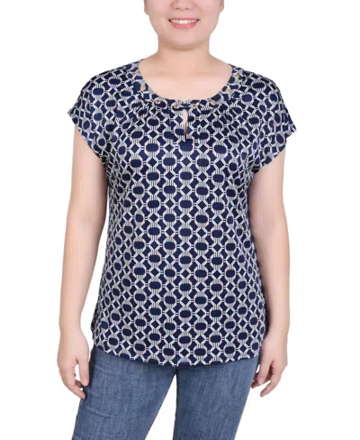 Ny Collection Petite Grommet Neck Knit Short Extended Sleeve Top In Navy Taupe Link