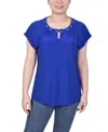 Ny Collection Petite Grommet Neck Knit Short Extended Sleeve Top In Surf The Web