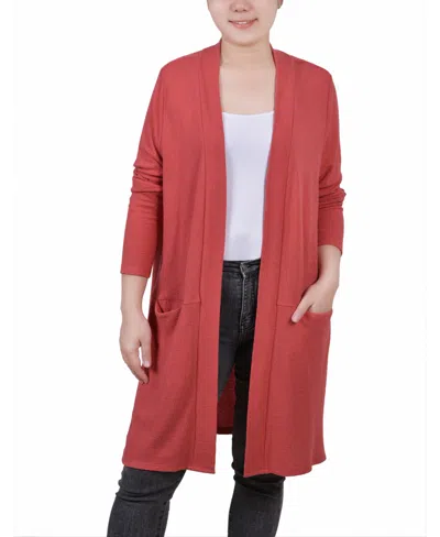 Ny Collection Petite Knee Length Cardigan Sweater In Brown
