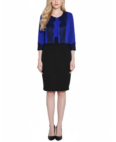 Ny Collection Petite Lace-detail 2 Piece Textured Knit Dress Set In Blue