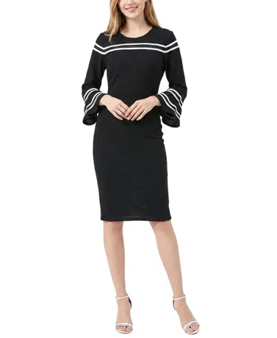 Ny Collection Petite Long Bell Sleeve Dress With Mesh Insets In Black