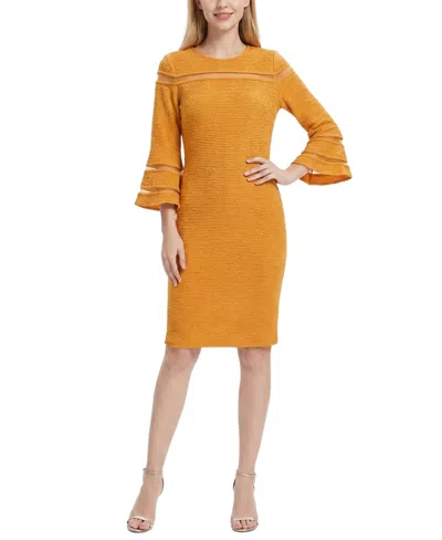 Ny Collection Petite Long Bell Sleeve Dress With Mesh Insets In Gold