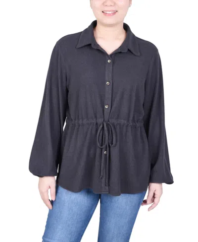 Ny Collection Petite Long Dolman Sleeve Drawstring-waist Tunic Top In Dark Charcoal
