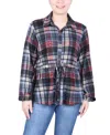 Ny Collection Petite Long Dolman Sleeve Drawstring-waist Tunic Top In Red Denim Plaid