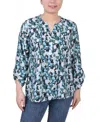 Ny Collection Petite Long Roll Tab Sleeve Pintuck Front Blouse In Green Black Geo