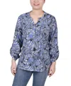 Ny Collection Petite Long Roll Tab Sleeve Pintuck Front Blouse In Royal Tropical Leaf
