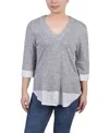 Ny Collection Petite Long Sleeve 2-in 1 Top In Gray