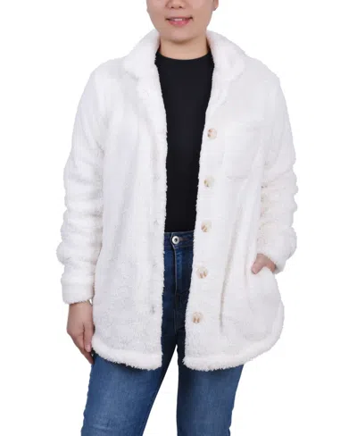 NY COLLECTION PETITE LONG SLEEVE BUTTON FRONT SHERPA JACKET