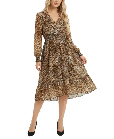 Ny Collection Petite Long Sleeve Clip Dot Chiffon Dress With Smocked Waist And Cuffs In Brown