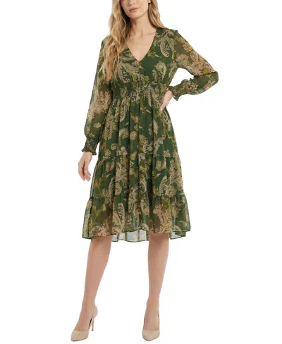 Ny Collection Petite Long Sleeve Clip Dot Chiffon Dress With Smocked Waist And Cuffs In Green