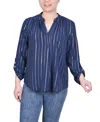 Ny Collection Petite Long Sleeve Foil Striped Blouse In Navy