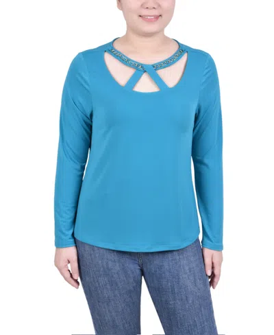 Ny Collection Petite Long Sleeve Jeweled Neck Top In Enamel Blue