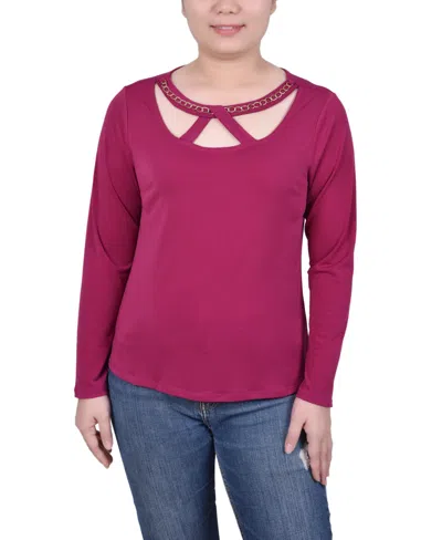 Ny Collection Petite Long Sleeve Jeweled Neck Top In Sangria