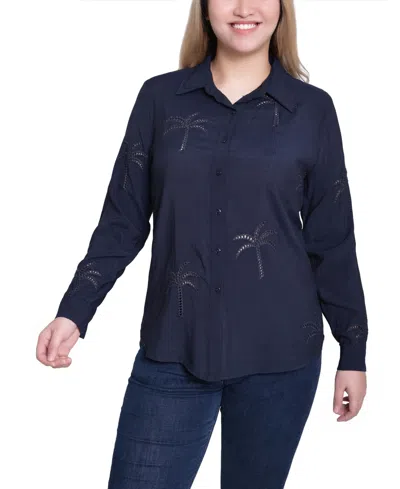 Ny Collection Petite Long Sleeve Palm Tree Top In Blue