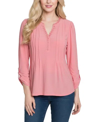 Ny Collection Petite Long Sleeve Pleat Front Roll Tab Top In Pink