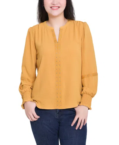 Ny Collection Petite Long Sleeve Studded Blouse In Gold