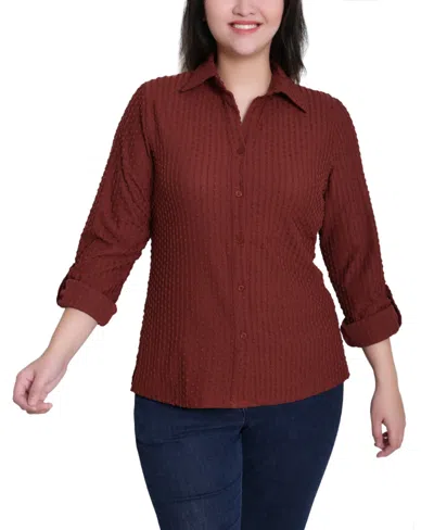 Ny Collection Petite Long Sleeve Textured Knit Top In Burgundy