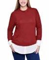 Ny Collection Petite Long Sleeve Two-fer Top In Red White