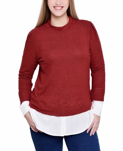 Ny Collection Petite Long Sleeve Two-fer Top In Red White