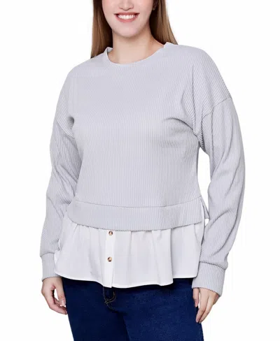 Ny Collection Petite Long Sleeve Two-fer Top With Gathered Inset In Gray