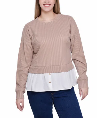 Ny Collection Petite Long Sleeve Two-fer Top With Gathered Inset In Heather Taupe