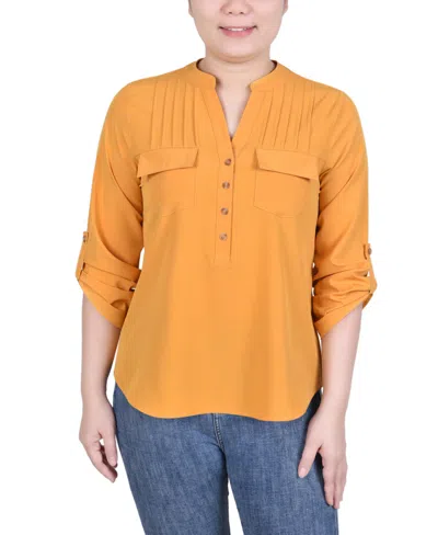NY COLLECTION PETITE LONG TAB-SLEEVE BLOUSE WITH POCKETS