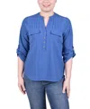 Ny Collection Petite Long Tab-sleeve Blouse With Pockets In True Navy