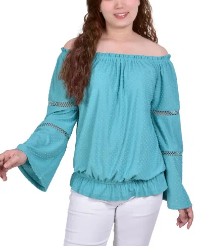 Ny Collection Petite Off The Shoulder Long Sleeve Top In Blue