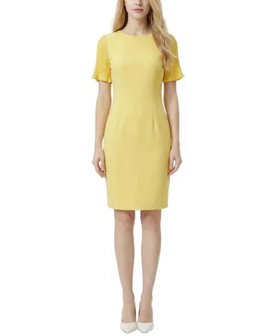 Ny Collection Petite Pleated Short-sleeve Dress In Yellow