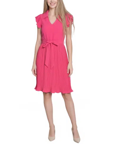 Ny Collection Petite Plisse Pleated Short-sleeve Dress In Pink