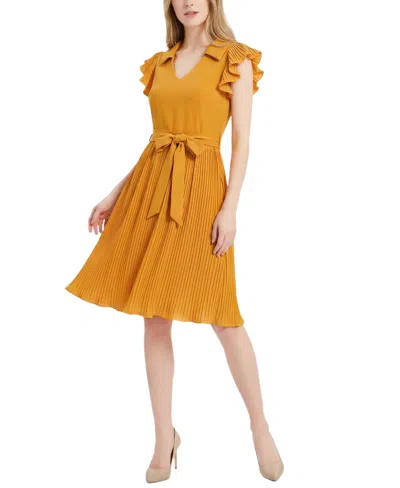 Ny Collection Petite Plisse Pleated Short-sleeve Dress In Yellow