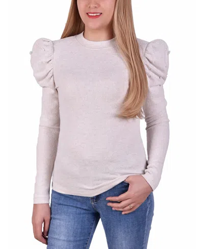 Ny Collection Petite Puff Sleeve Knit Top In Oatmeal