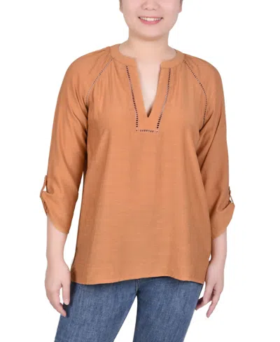 Ny Collection Petite Raglan Sleeve Split Neck Blouse In Meerkat