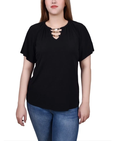 Ny Collection Petite Raglan Sleeve Top With Chain Details In Black