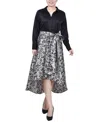 Ny Collection Petite Satin And Mikado High Low Dress In Black White Leaf
