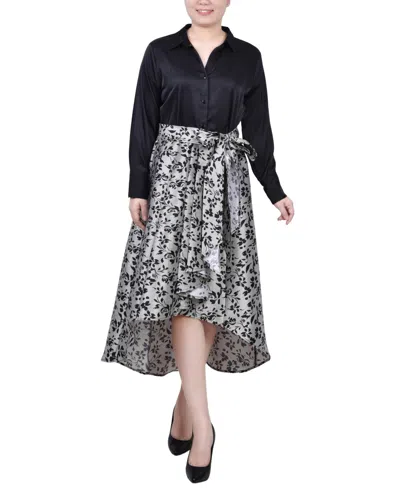 Ny Collection Petite Satin And Mikado High Low Dress In Black White Leaf