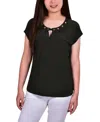 Ny Collection Petite Short Extended-sleeve Grommet Neck Knit Top In Black