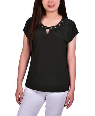 Ny Collection Petite Short Extended-sleeve Grommet Neck Knit Top In Black