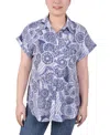 Ny Collection Petite Short Rolled Sleeve Button Front Blouse In Blue Fest Tribal