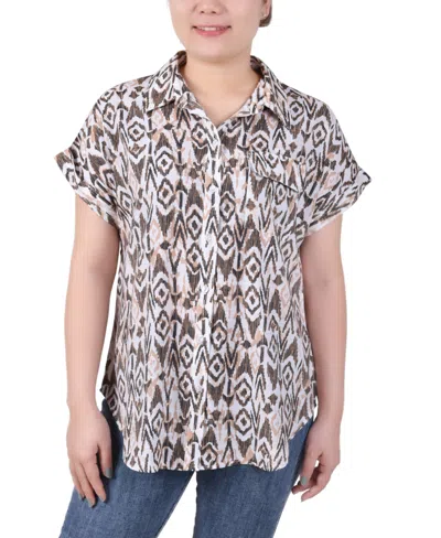 Ny Collection Petite Short Rolled Sleeve Button Front Blouse In Taupe Fish Row