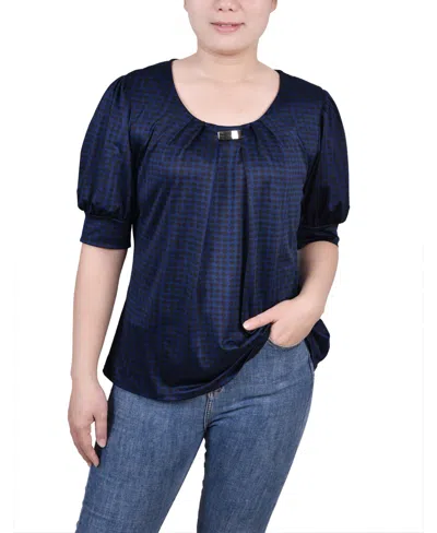 Ny Collection Petite Short Sleeve Balloon Sleeve Top In Blue