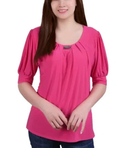 Ny Collection Petite Short Sleeve Balloon Sleeve Top In Magenta