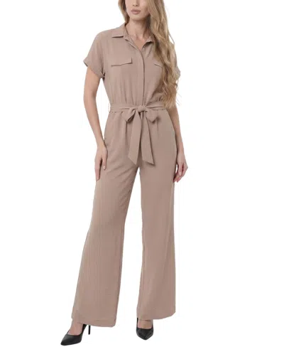 Ny Collection Petite Short Sleeve Belted Jumpsuit In Neutral