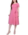 Ny Collection Petite Short Sleeve Belted Swiss Dot Dress In Pink