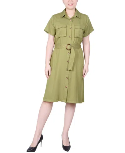 Ny Collection Petite Short Sleeve Belted Utility Style Dress In Olive Green