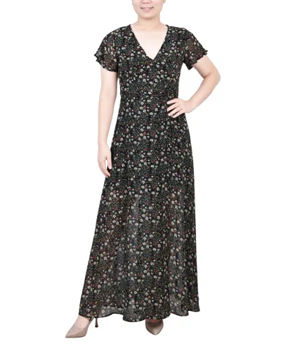 Ny Collection Petite Short Sleeve Chiffon Wrap Maxi Dress In Black