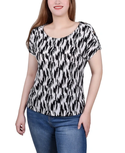 Ny Collection Petite Short Sleeve Extended Sleeve Tunic Top In Black White Brush