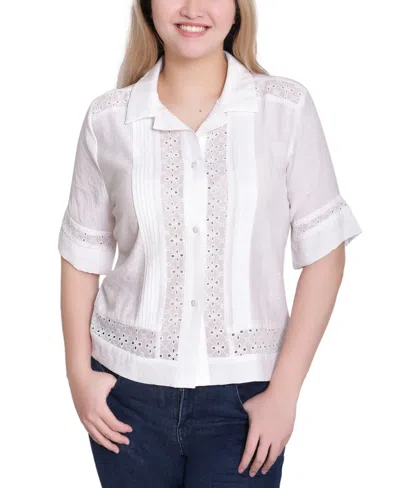 Ny Collection Petite Short Sleeve Eyelet Collared Top In White