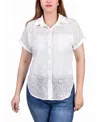 Ny Collection Petite Short Sleeve Eyelet Knit Back Blouse In White